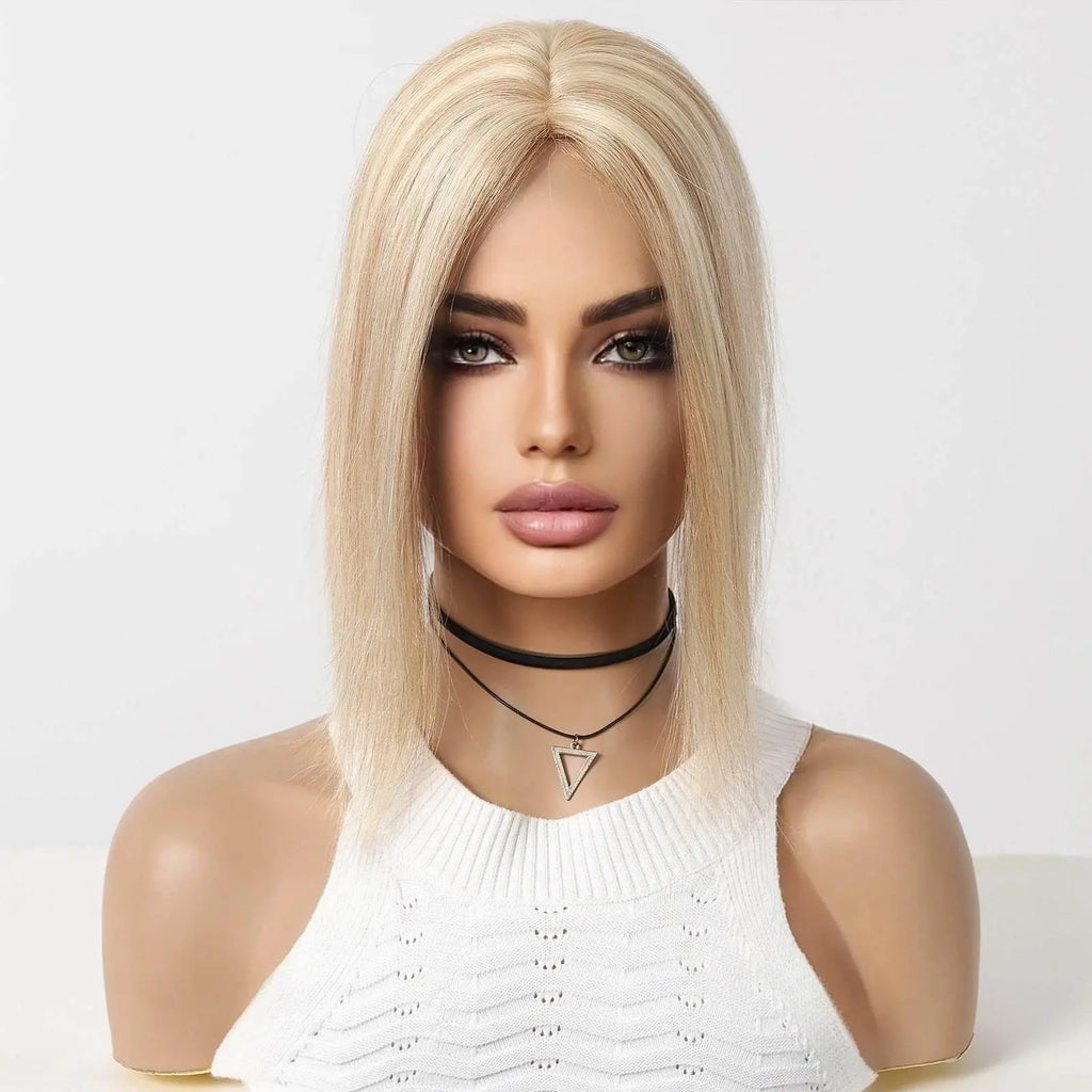 Blonde Piano Human Hair Toppers Silk Base Remy Human Hairpieces 12inch Clips in Straight Human Hair Extensions for White Women - ACHETE LTD