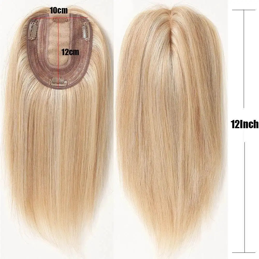 Blonde Piano Human Hair Toppers Silk Base Remy Human Hairpieces 12inch Clips in Straight Human Hair Extensions for White Women - ACHETE LTD