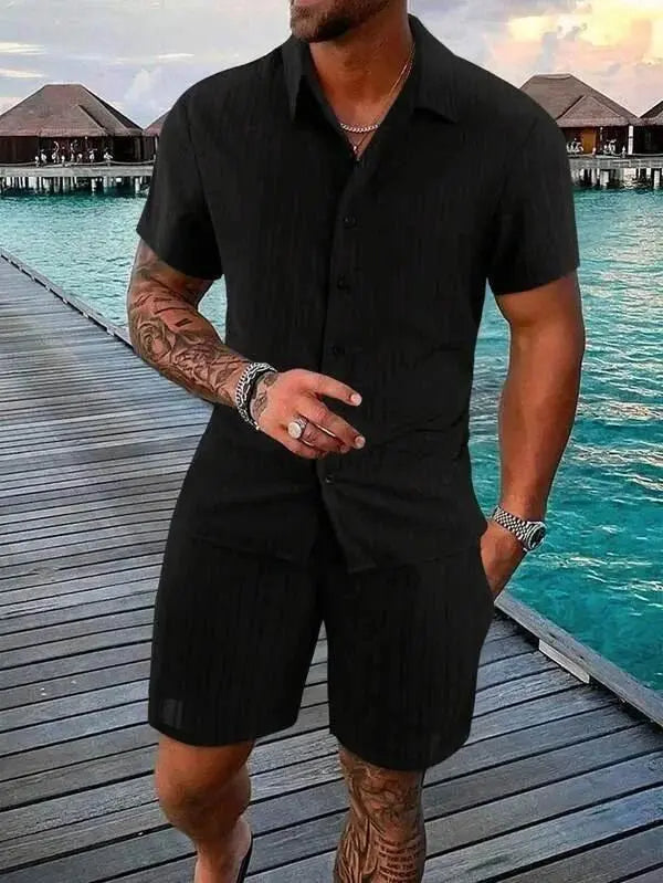 Men Shirt Sets 3d Print Solid Stripes Short Sleeve Casual Shirt oversized Beach Shorts Summer Streetwear Hawaiian Suits Clothes - ACHETE LTD