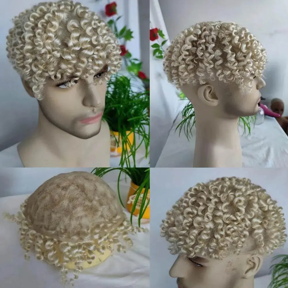 Kinky Curly Human Hair Toupee for Men Hairpiece Full Lace European Real Human Hair 10x8Inch 60# White Color - ACHETE LTD