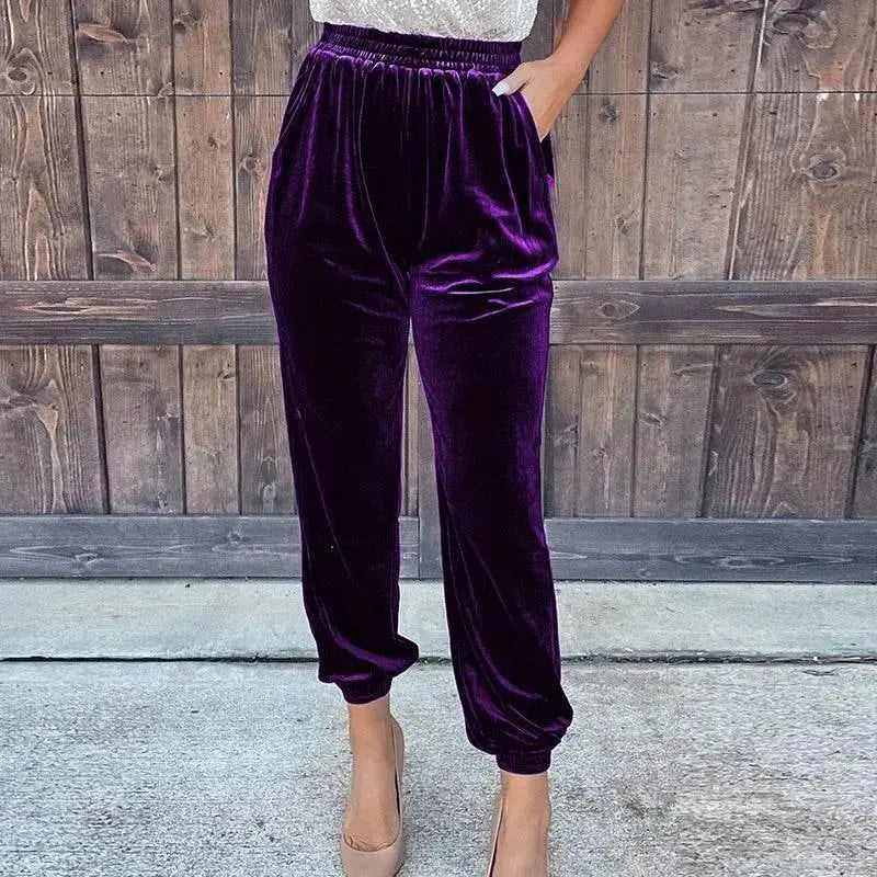Fashionable Elegant Red Velvet Pants For Women Autumn Winter Elastic High Waist Casual Shorts Women Fashion Solid Loose Trousers - ACHETE LTD