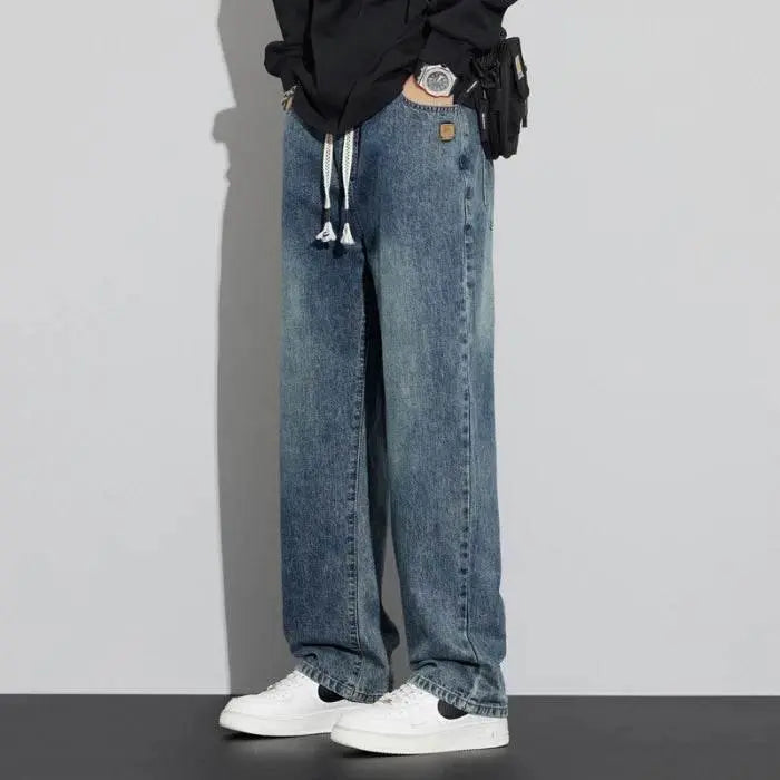 Men's regular fit straight leg jeans casual drawstring elastic waist denim pants lightweight carpenter Jean - ACHETE LTD