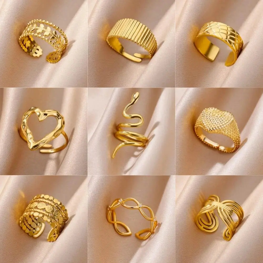 Stainless Steel Rings for Women Jewelry Summer Accessories Simple Vintage Gold Color Adjustable Aesthetic Gothic Snake Wide Ring - ACHETE LTD