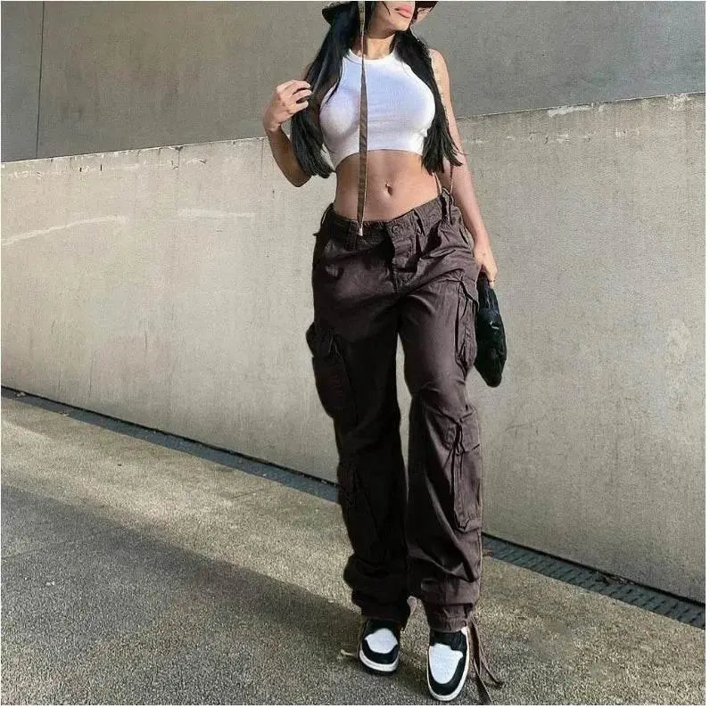 Autumn/Winter New Womens Cargo Straight Trousers High Waist Loose Wide Leg Vintage Dad Jeans for Women - ACHETE LTD