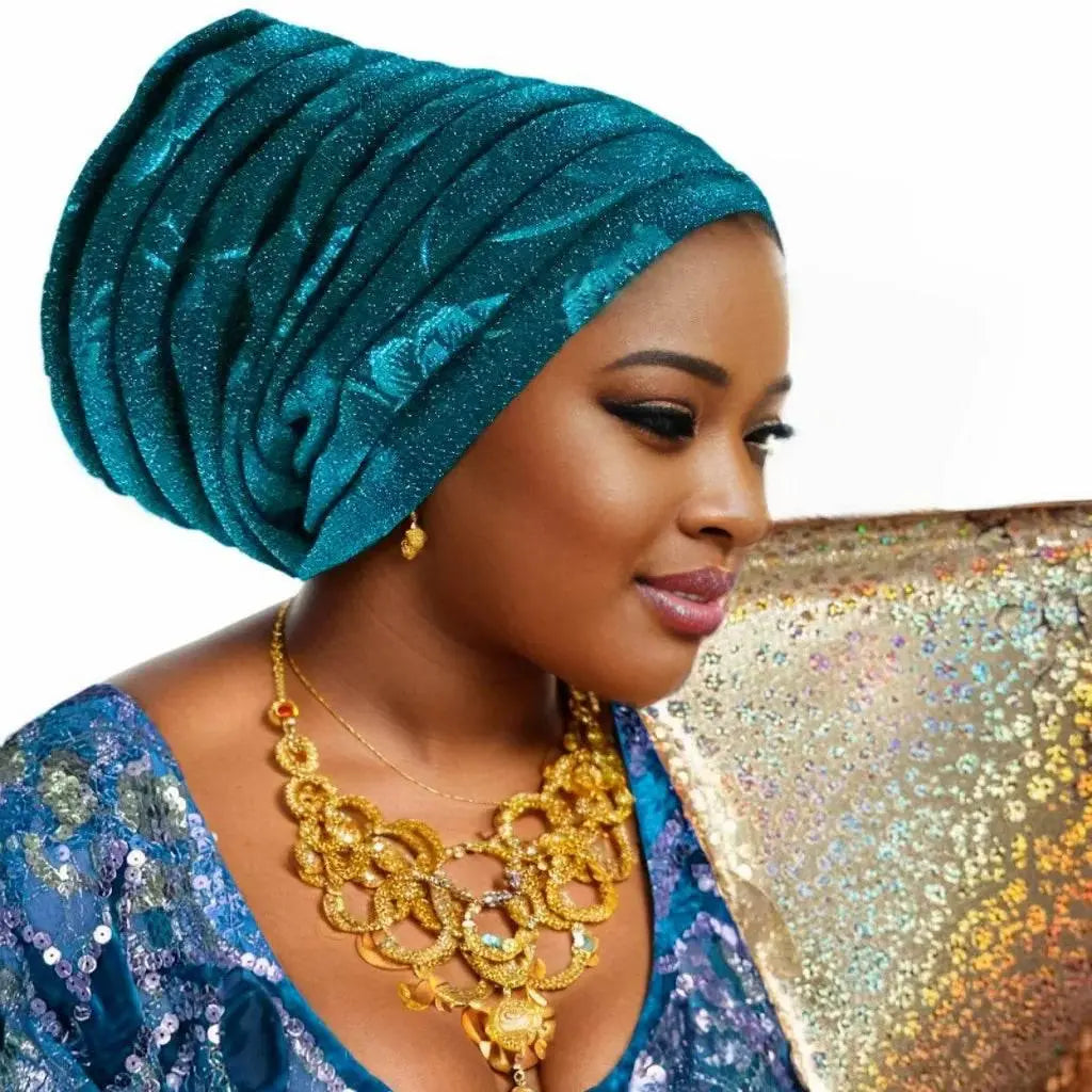 Glitter Full Body Pleated Turban Cap for Women 2025 Lady Head Wraps Muslim Headscarf Hat Turbante Mujer African Headpiece - ACHETE LTD