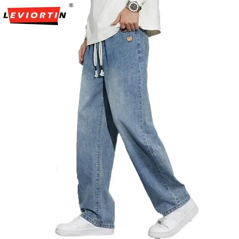 Men's regular fit straight leg jeans casual drawstring elastic waist denim pants lightweight carpenter Jean - ACHETE LTD
