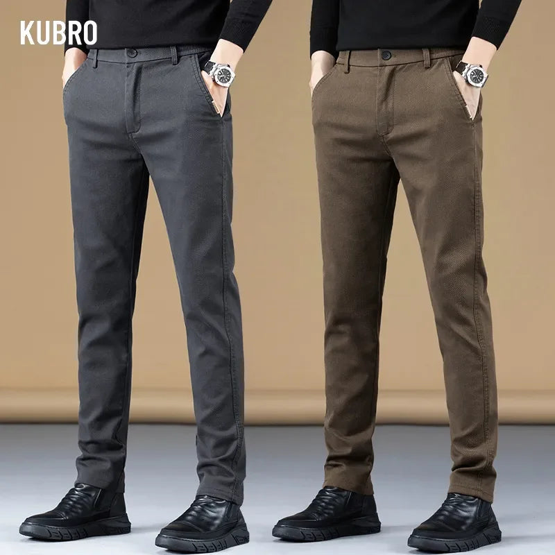 KUBRO Autumn Winter New Soft Cotton Fabric Casual Pants Men Thick Business Slim Fit Brand Clothing Korea Fashion Trousers Male