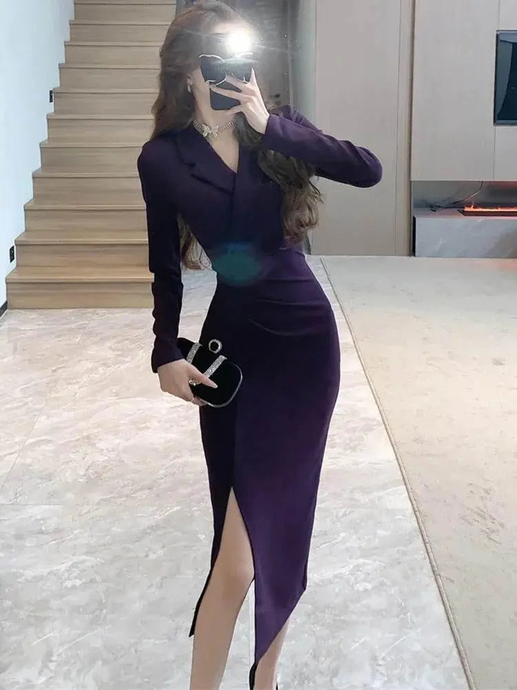 Purpled Elegant Pleated Bodycon Suit Dress for Women 2024 Korean Fashion Formal Dress Autumn Winter Chic Bespoke Occasion Dress - ACHETE LTD