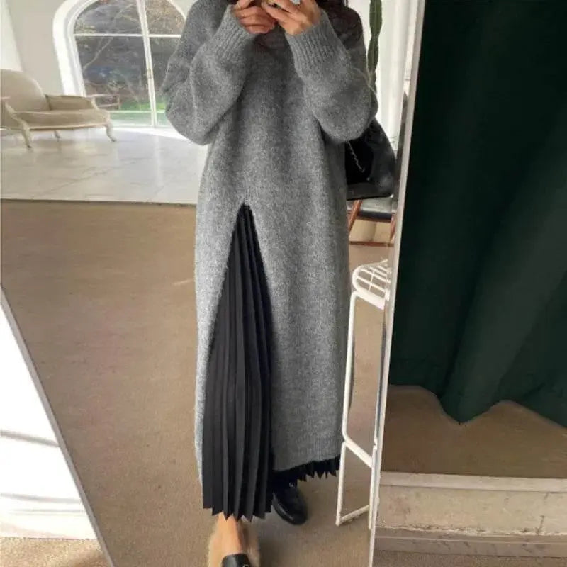 Winter Women Knitted Dress y2k V Neck Sexy Slim Elastic Oversized Basic Bodycon Sweater Dress Winter knit Autumn Warm Long Dress - ACHETE LTD