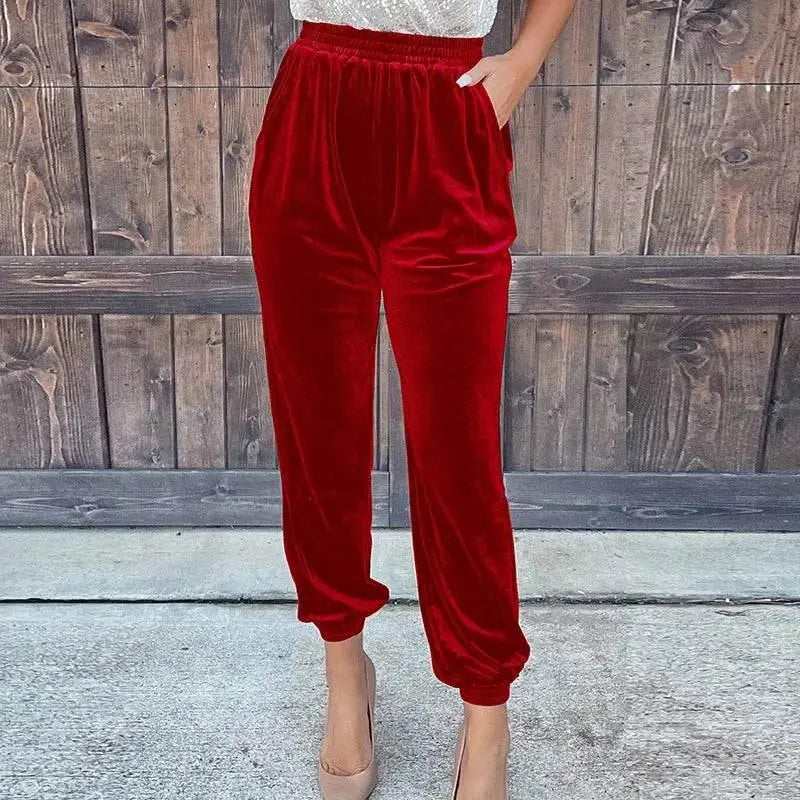 Fashionable Elegant Red Velvet Pants For Women Autumn Winter Elastic High Waist Casual Shorts Women Fashion Solid Loose Trousers - ACHETE LTD