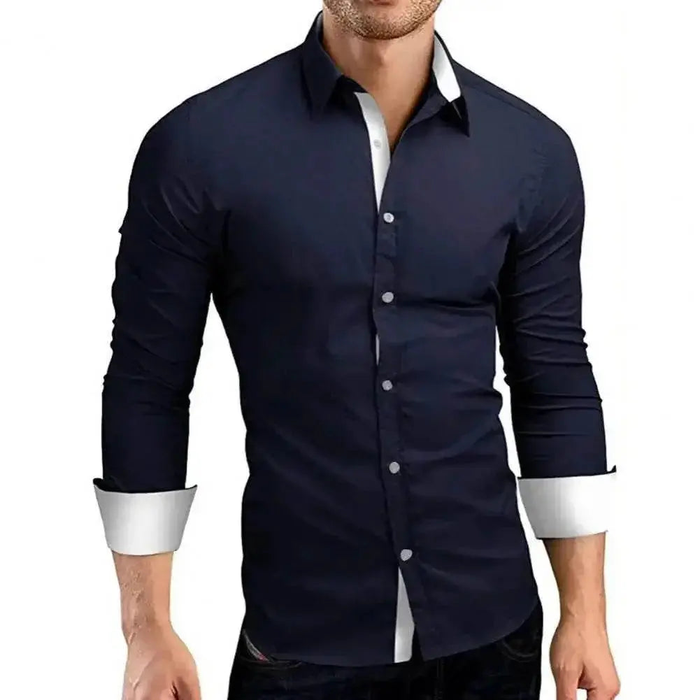 Business Dress Men Shirt Contrast Color Single-breasted Turn-down Collar Bright White Male Shirt for Work - ACHETE LTD