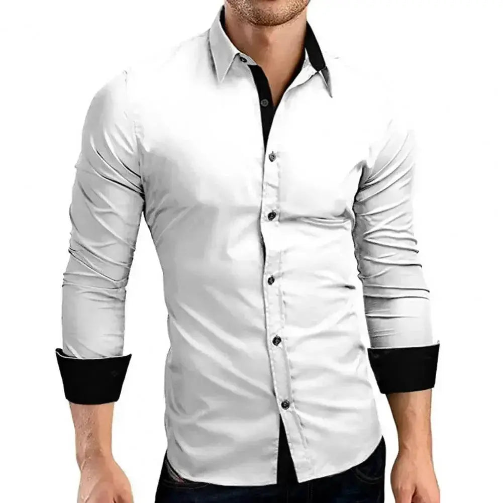 Business Dress Men Shirt Contrast Color Single-breasted Turn-down Collar Bright White Male Shirt for Work - ACHETE LTD