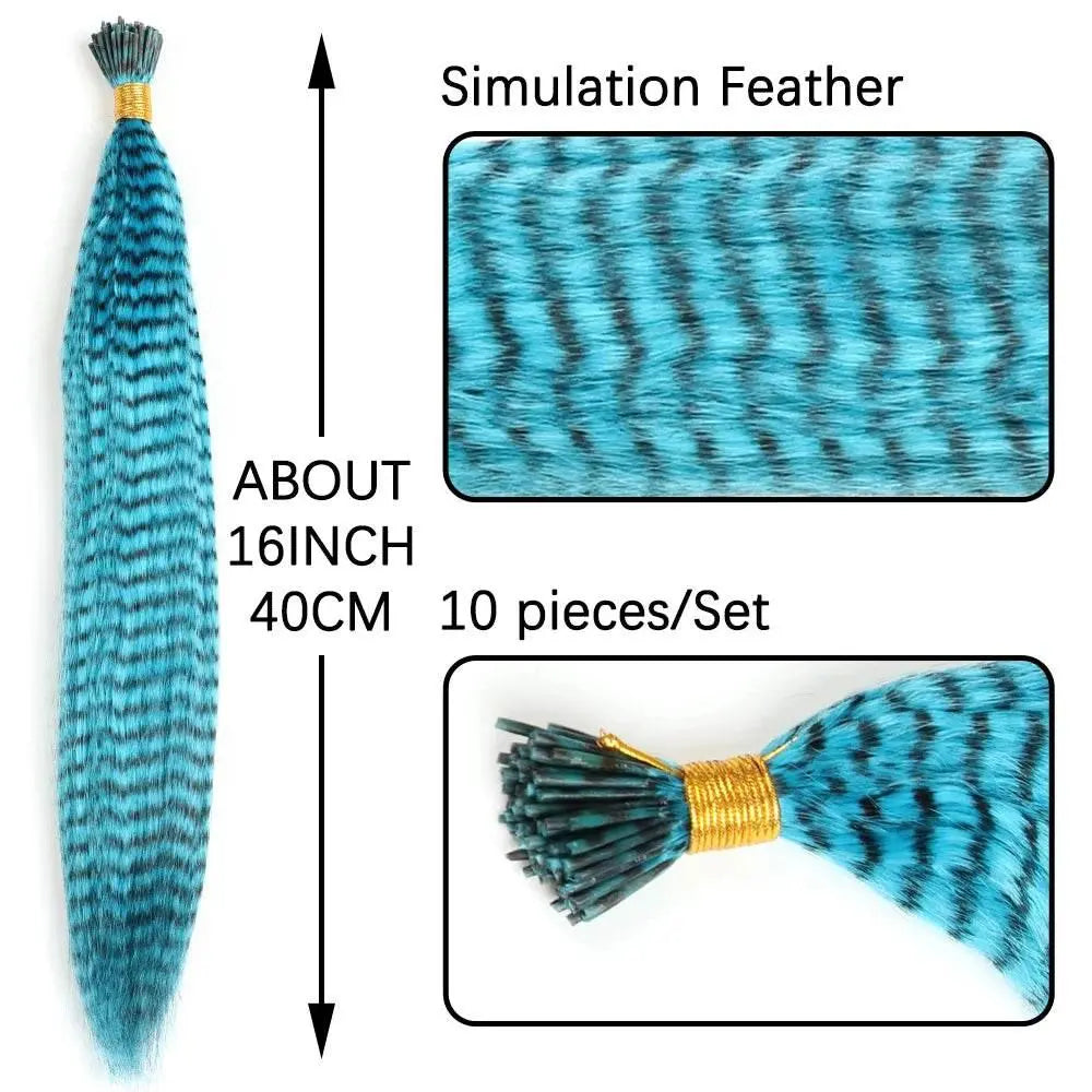 AZQUEEN Feather Hair Extension 10Pieces Fake Hair I Tip Rainbow Synthetic Hair 16inch Hairpiece Feather for Hair Extension - ACHETE LTD
