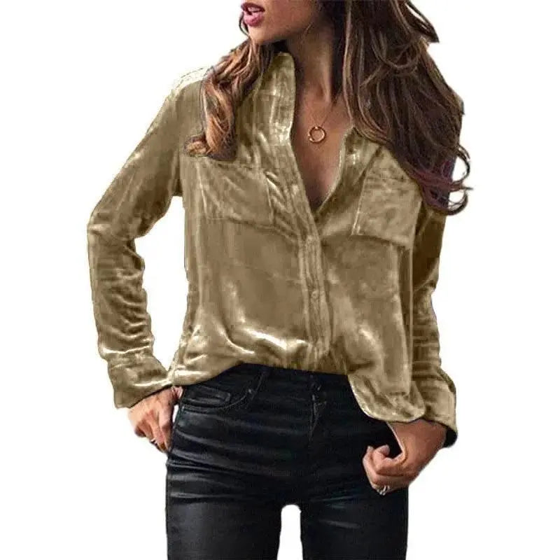 Shirt for Women 2023 Autumn Velvet Shirt Women Button Up Velour Shirt Ladies Pocket Winter Long Sleeve рубашка оверсайз женская - ACHETE LTD