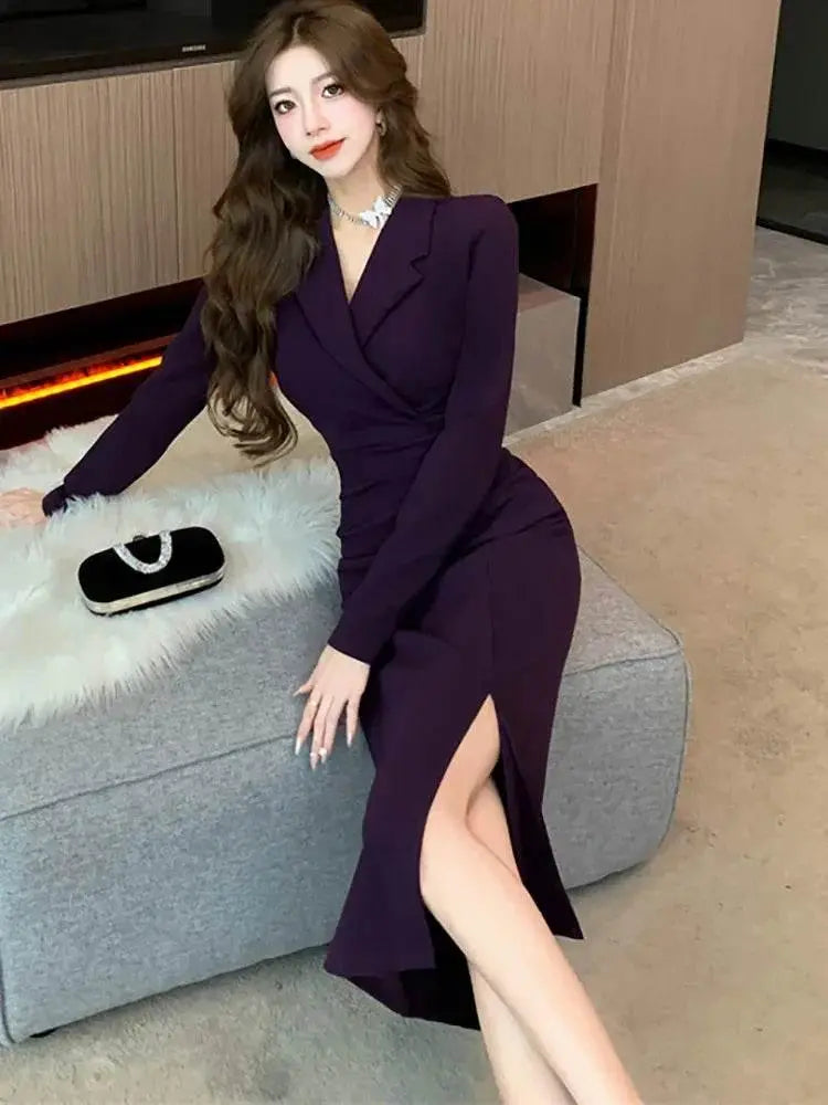 Purpled Elegant Pleated Bodycon Suit Dress for Women 2024 Korean Fashion Formal Dress Autumn Winter Chic Bespoke Occasion Dress - ACHETE LTD