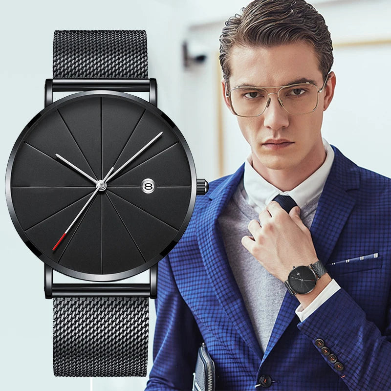 Luxury Fashion Business Watches Men Super Slim Watches Stainless Steel Mesh Belt Quartz Watches Gold Watches Men Gift 2022