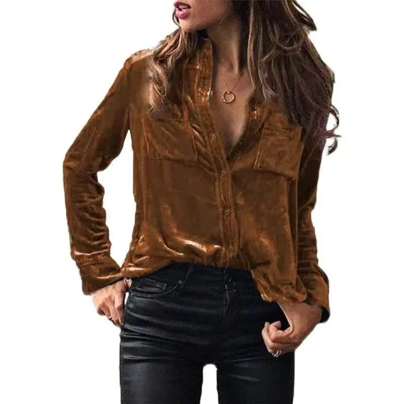 Shirt for Women 2023 Autumn Velvet Shirt Women Button Up Velour Shirt Ladies Pocket Winter Long Sleeve рубашка оверсайз женская - ACHETE LTD