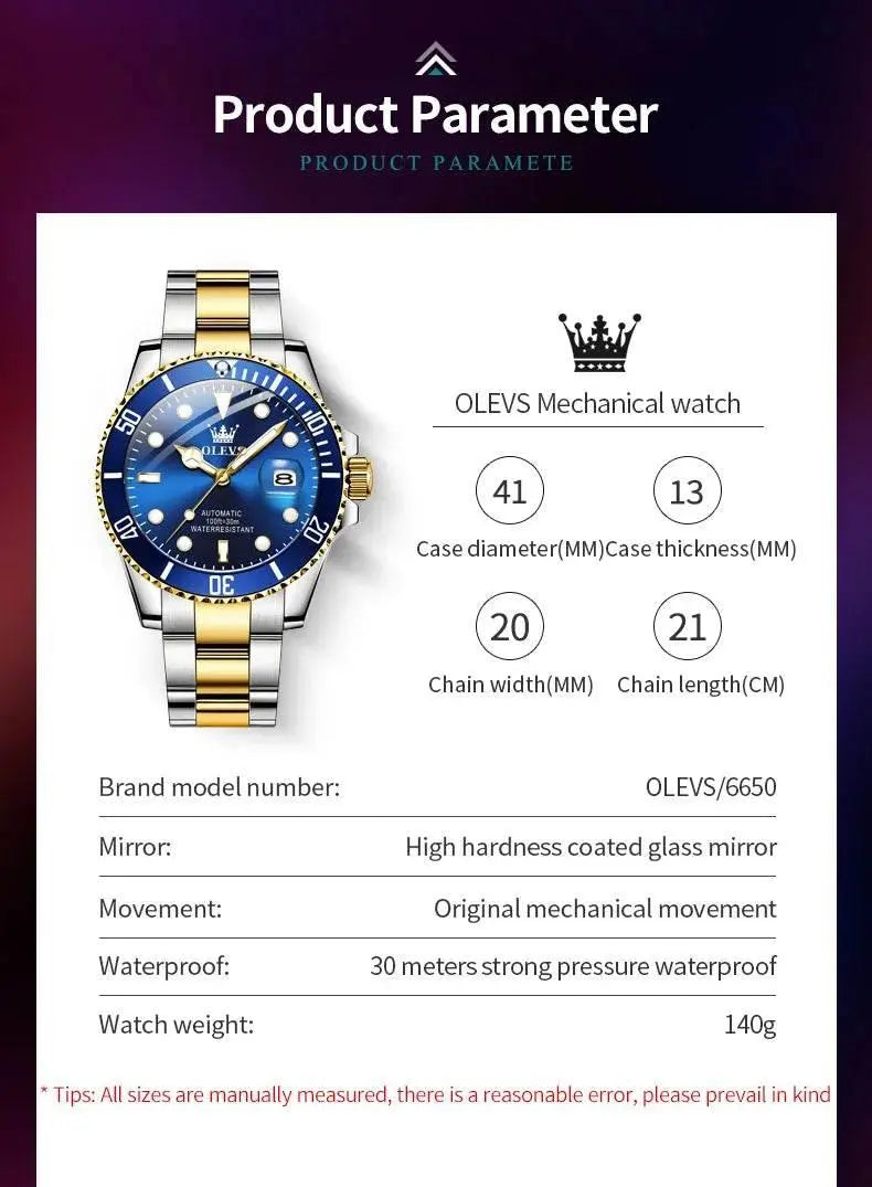 OLEVS Men Automatic Watch Luxury Diving Watch Waterproof Luminous Stainless steel Business Mechanical Watch for Men reloj hombre - ACHETE LTD