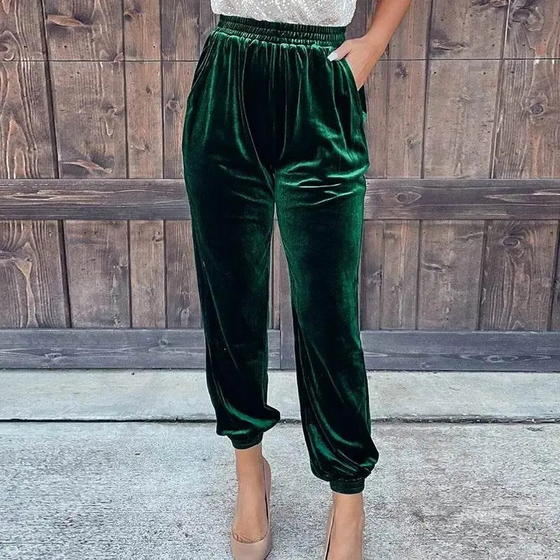 Fashionable Elegant Red Velvet Pants For Women Autumn Winter Elastic High Waist Casual Shorts Women Fashion Solid Loose Trousers - ACHETE LTD