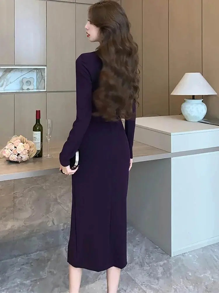 Purpled Elegant Pleated Bodycon Suit Dress for Women 2024 Korean Fashion Formal Dress Autumn Winter Chic Bespoke Occasion Dress - ACHETE LTD
