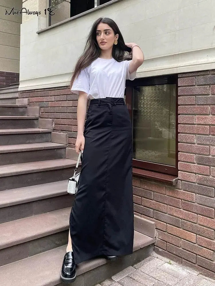 Mnealways18 Black Loose Long Skirts Women A-Line Zip Skirts Ladies Elegant Summer Skirts Female With Pocket Ankle-Length Skirts - ACHETE LTD