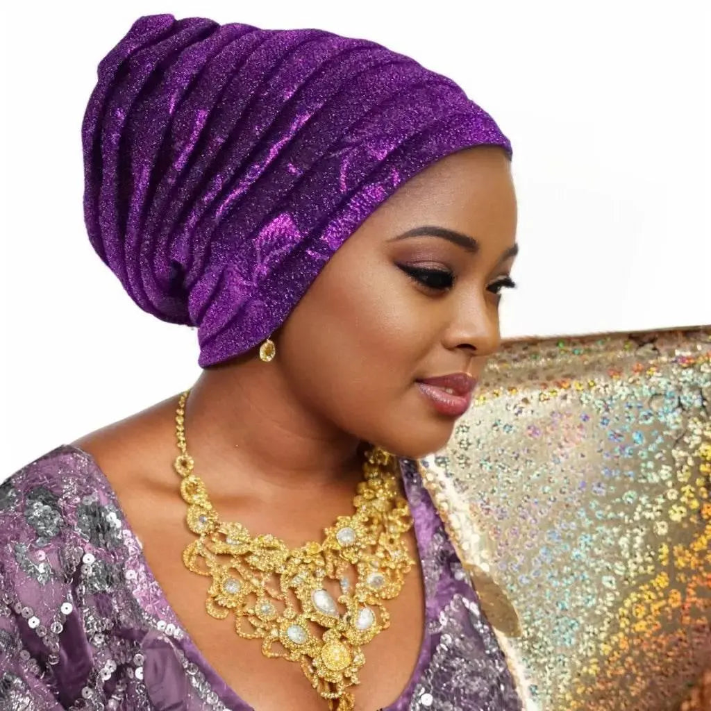 Glitter Full Body Pleated Turban Cap for Women 2025 Lady Head Wraps Muslim Headscarf Hat Turbante Mujer African Headpiece - ACHETE LTD