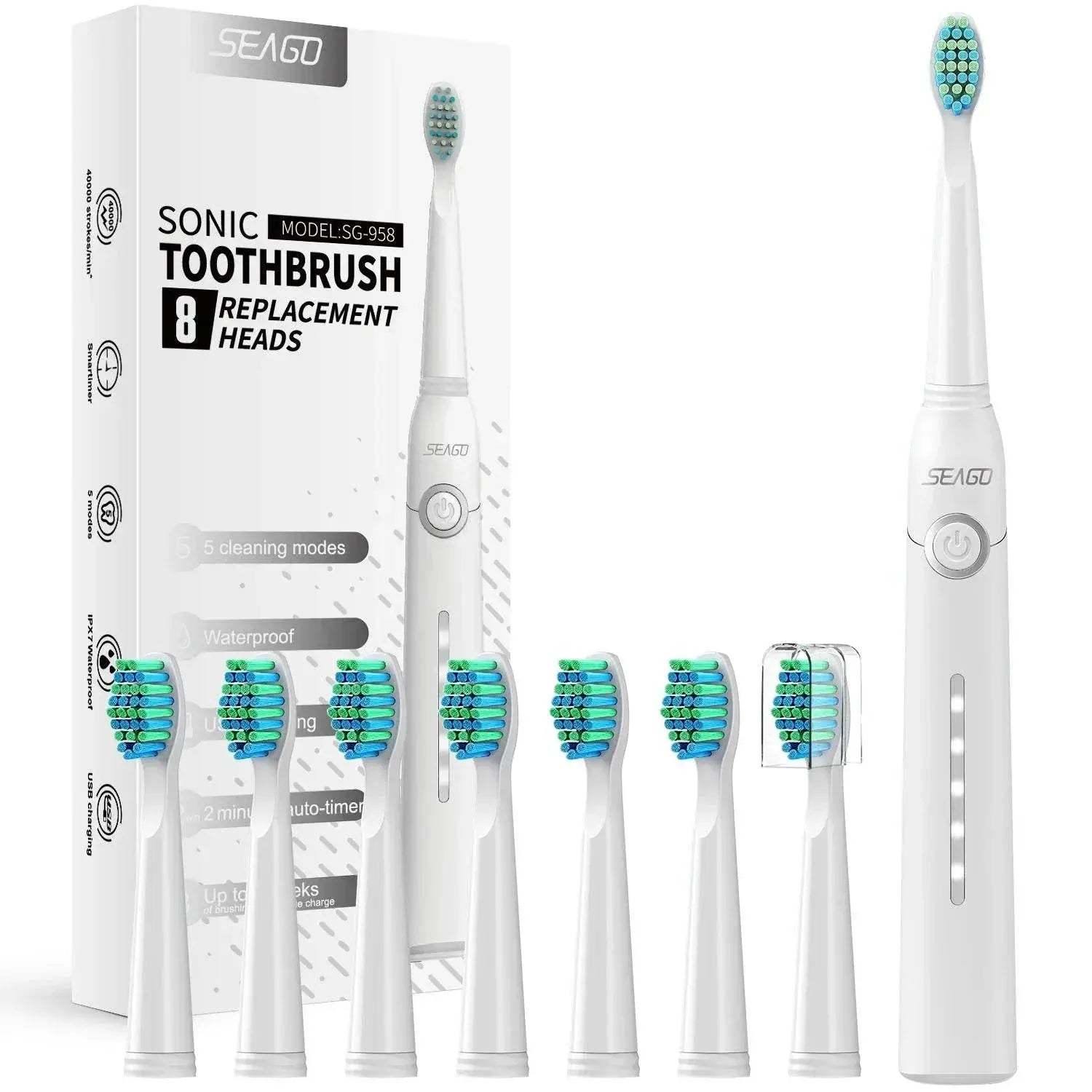 SEAGO Couple Rechargeable Electric Toothbrush Sonic Tooth Brush Travel Box Ultrasonic Replace 8 Brush Heads - ACHETE LTD