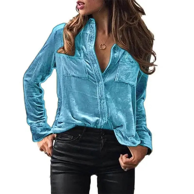 Shirt for Women 2023 Autumn Velvet Shirt Women Button Up Velour Shirt Ladies Pocket Winter Long Sleeve рубашка оверсайз женская - ACHETE LTD