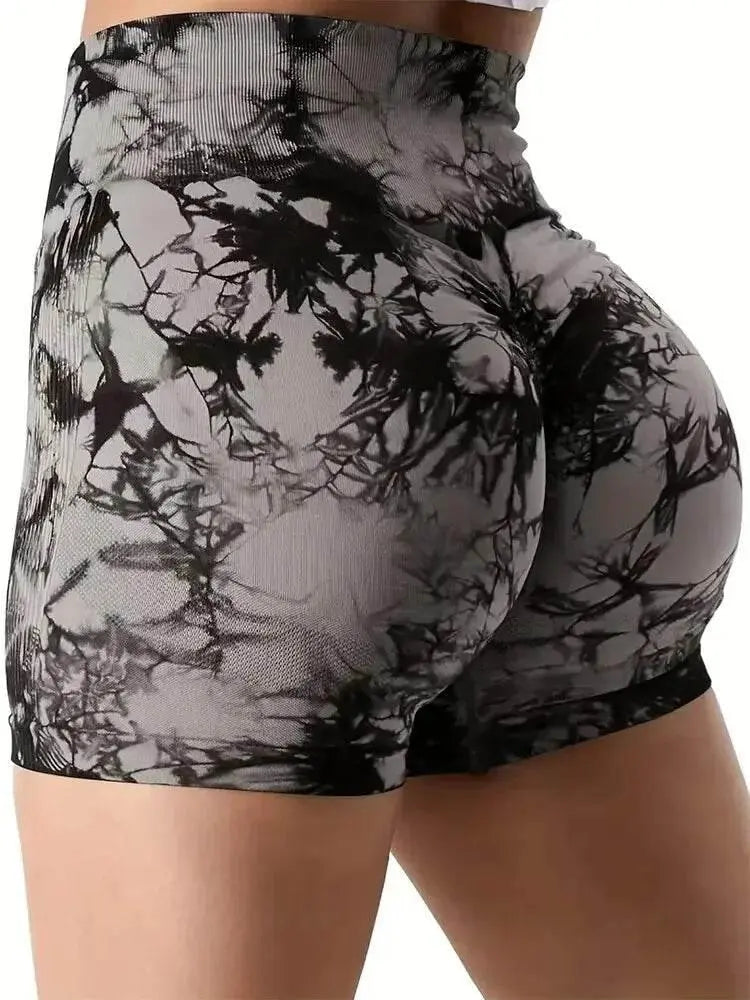Women's 3-Piece Tie-Dye Hip Lift Yoga Shorts Exercise High-Waisted Pleated Hip Lift Pants - ACHETE LTD