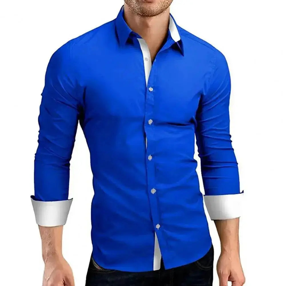 Business Dress Men Shirt Contrast Color Single-breasted Turn-down Collar Bright White Male Shirt for Work - ACHETE LTD