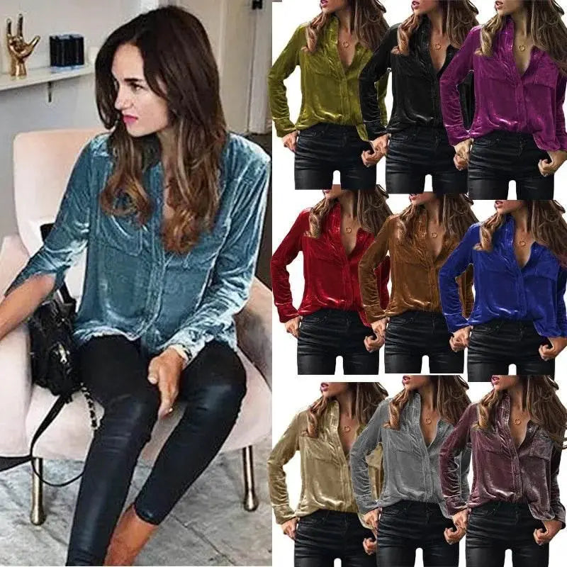 Shirt for Women 2023 Autumn Velvet Shirt Women Button Up Velour Shirt Ladies Pocket Winter Long Sleeve рубашка оверсайз женская - ACHETE LTD