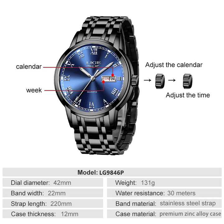 LIGE Stainless Steel Watch Luxury Men Watches Date Watch for Men Business Wirstwatch Man Waterproof Quartz Watches Classic Clock