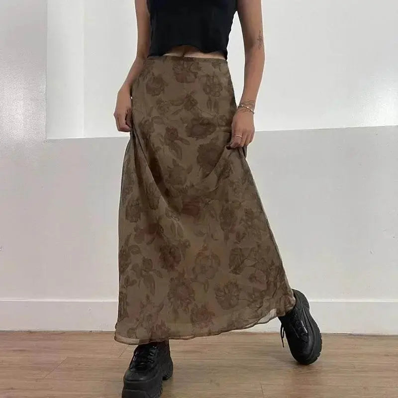 Y2K Floral Midi Skirts Vintage Fairycore Grunge Pleated Skirts Women Holiday Bohemian Long Skirts Harajuku Korean Chic - ACHETE LTD