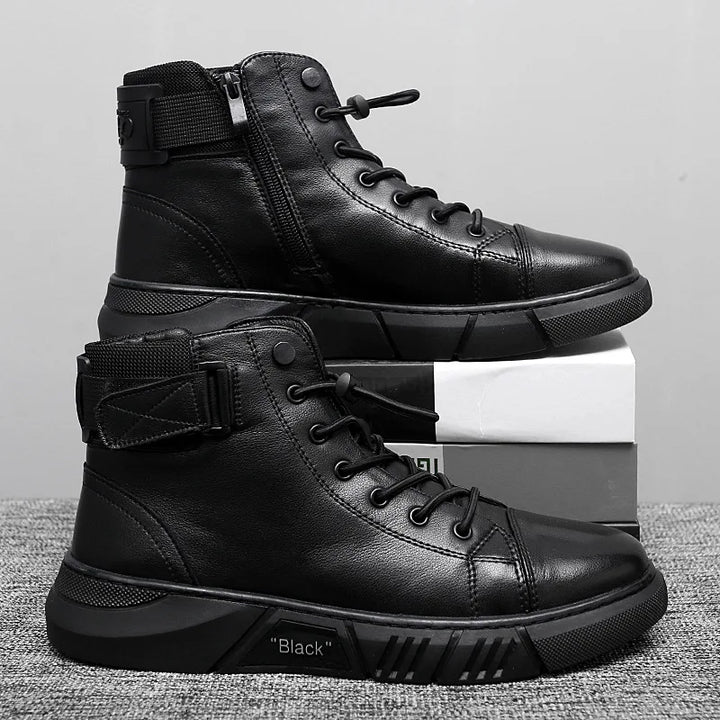 2022 Fashion Men's Ankle Boots - Black PU Leather, Comfortable High-top Casual Shoes with Platform