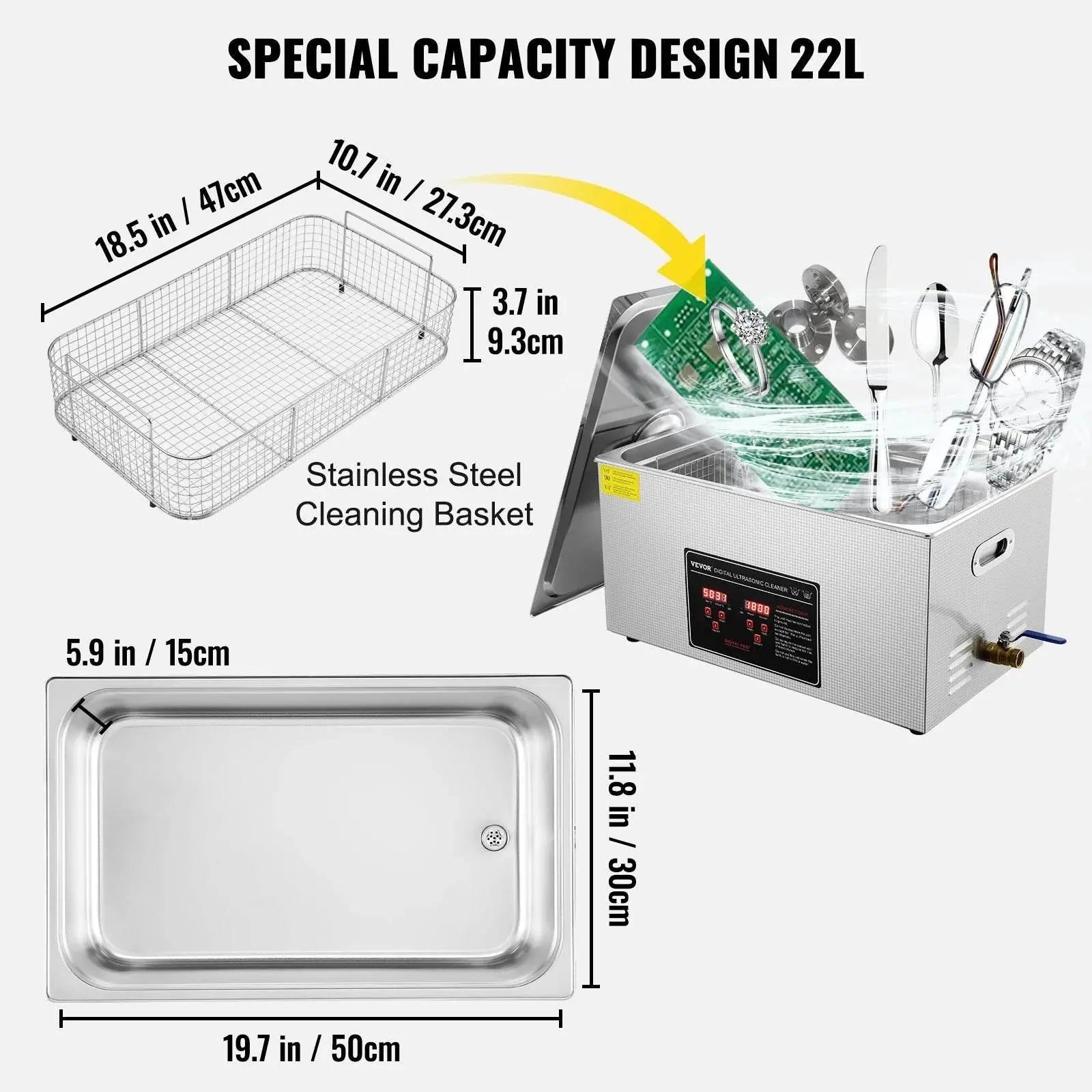 VEVOR Ultrasonic Cleaner w/ Digital Timer & Heater,Professional Ultra Sonic Jewelry Cleaner,Stainless Steel Heated Clean Machine - ACHETE LTD