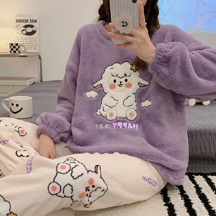 Autumn Winter Warm Flannel Women's Pajamas Set Long-sleeved Trousers Two-piece Set Cute Soft Home Wear Clothes for Women