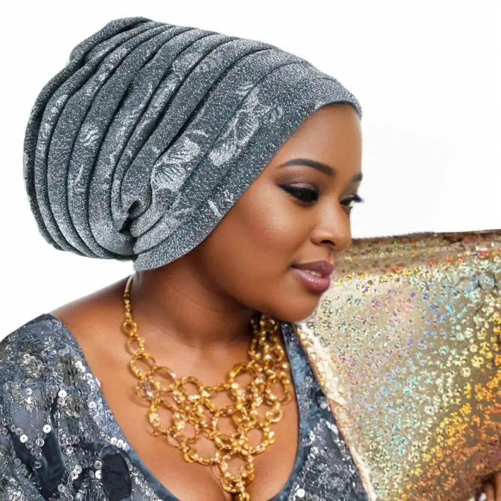 Glitter Full Body Pleated Turban Cap for Women 2025 Lady Head Wraps Muslim Headscarf Hat Turbante Mujer African Headpiece - ACHETE LTD