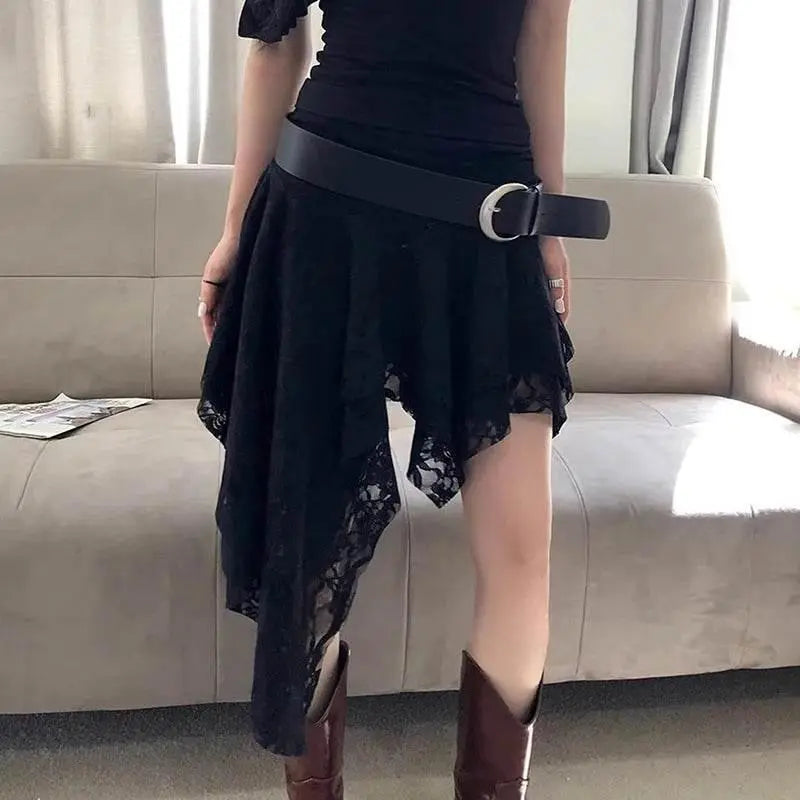 Rapcopter Y2K Lace Pleated Skirts Asymmetrical Vintage Lace Holiday Skirts Women Korean Grunge Aesthteic Skirts Fashion Clothes - ACHETE LTD