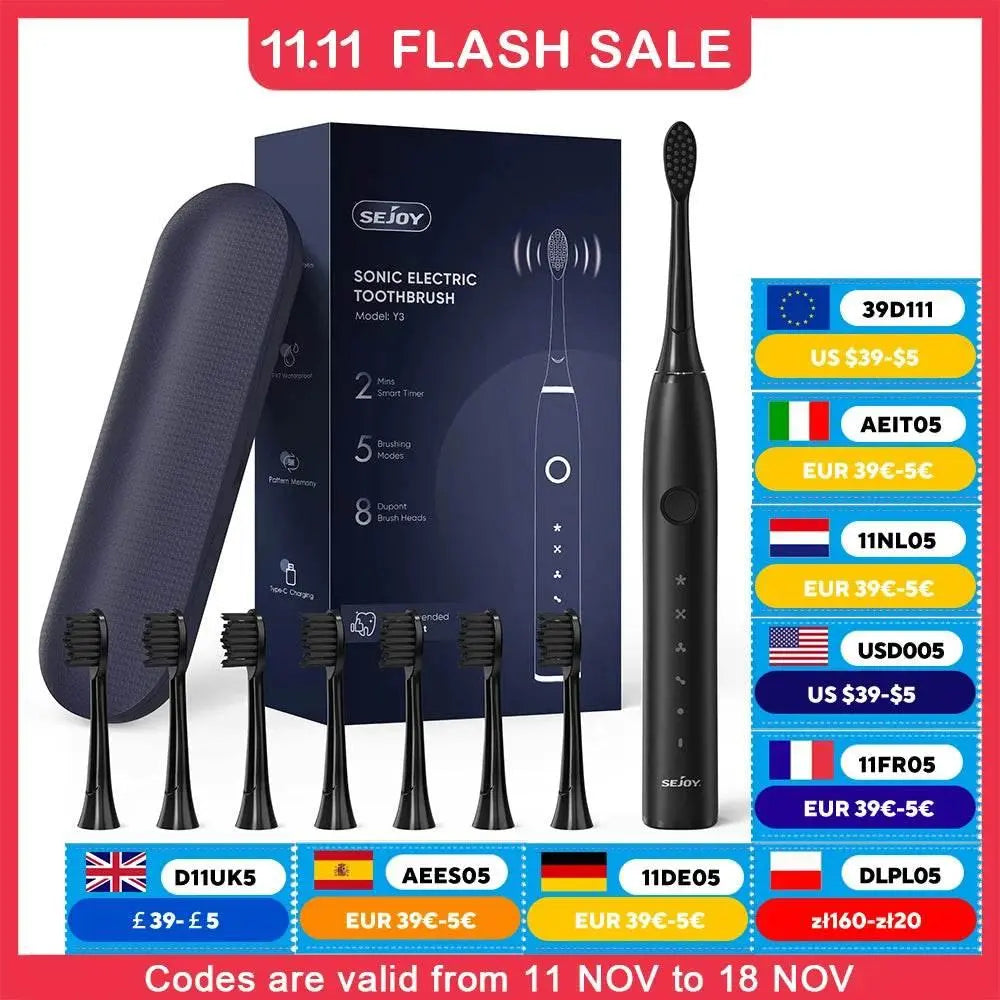 Electric Toothbrush Tooth Brush USB Rechargeable Adult Ultrasonic Teeth Cleaning 8 Replacement Toothbrush Heads - ACHETE LTD
