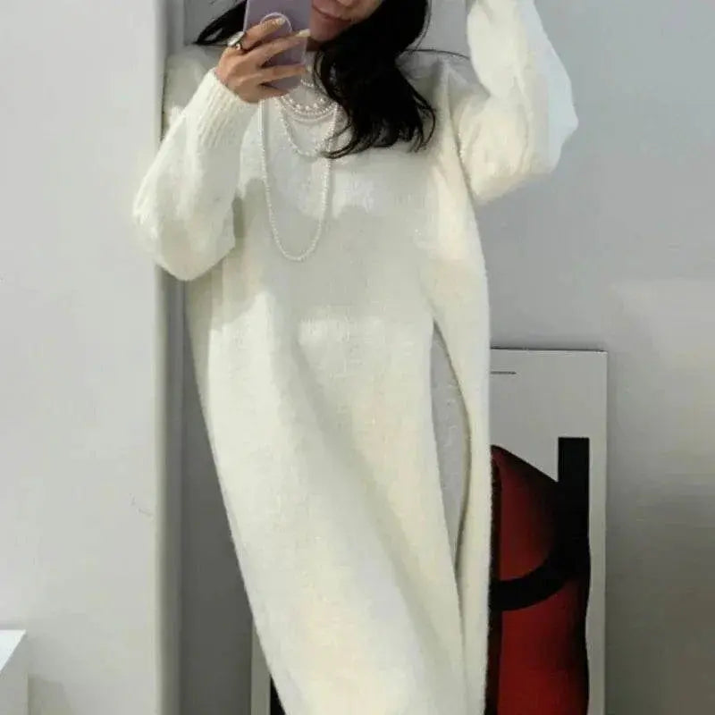 Winter Women Knitted Dress y2k V Neck Sexy Slim Elastic Oversized Basic Bodycon Sweater Dress Winter knit Autumn Warm Long Dress - ACHETE LTD