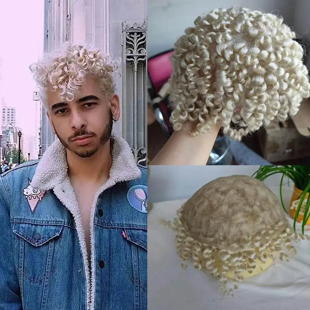 Kinky Curly Human Hair Toupee for Men Hairpiece Full Lace European Real Human Hair 10x8Inch 60# White Color - ACHETE LTD