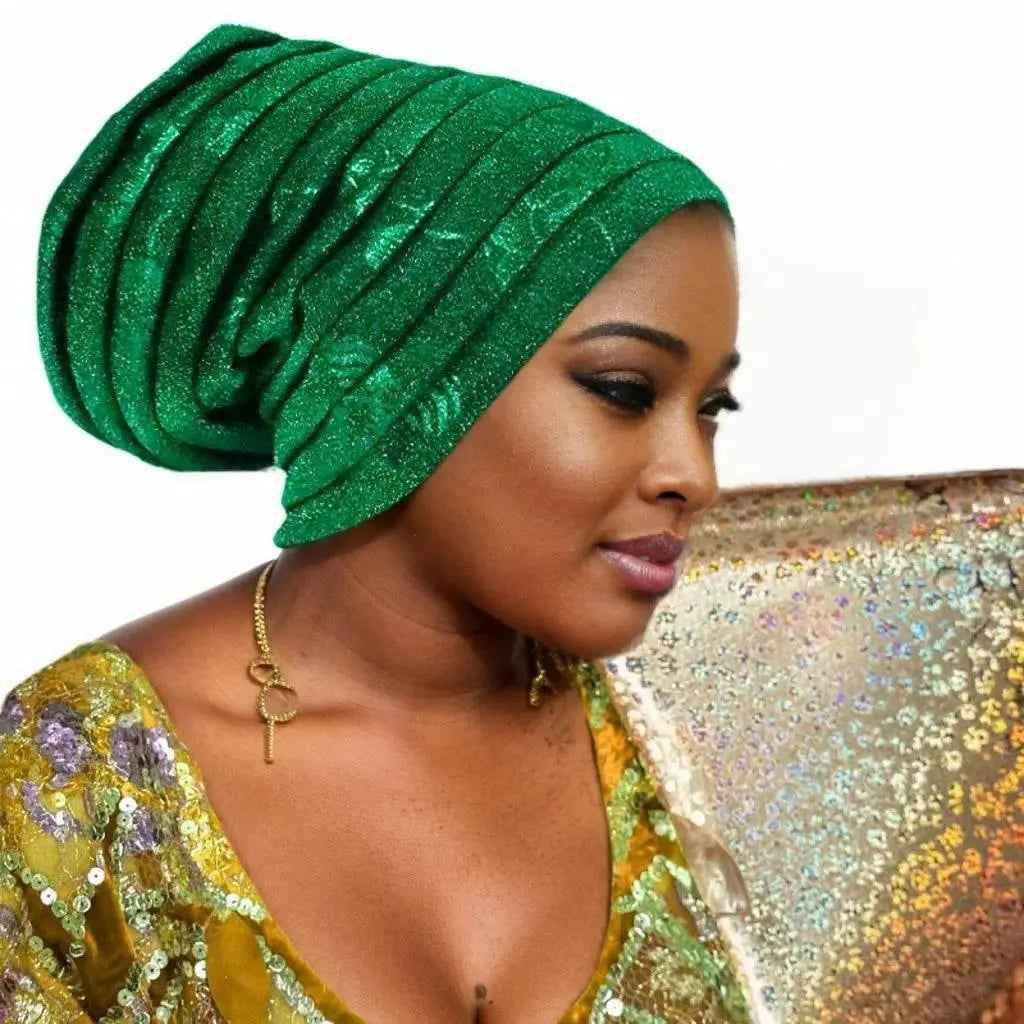 Glitter Full Body Pleated Turban Cap for Women 2025 Lady Head Wraps Muslim Headscarf Hat Turbante Mujer African Headpiece - ACHETE LTD