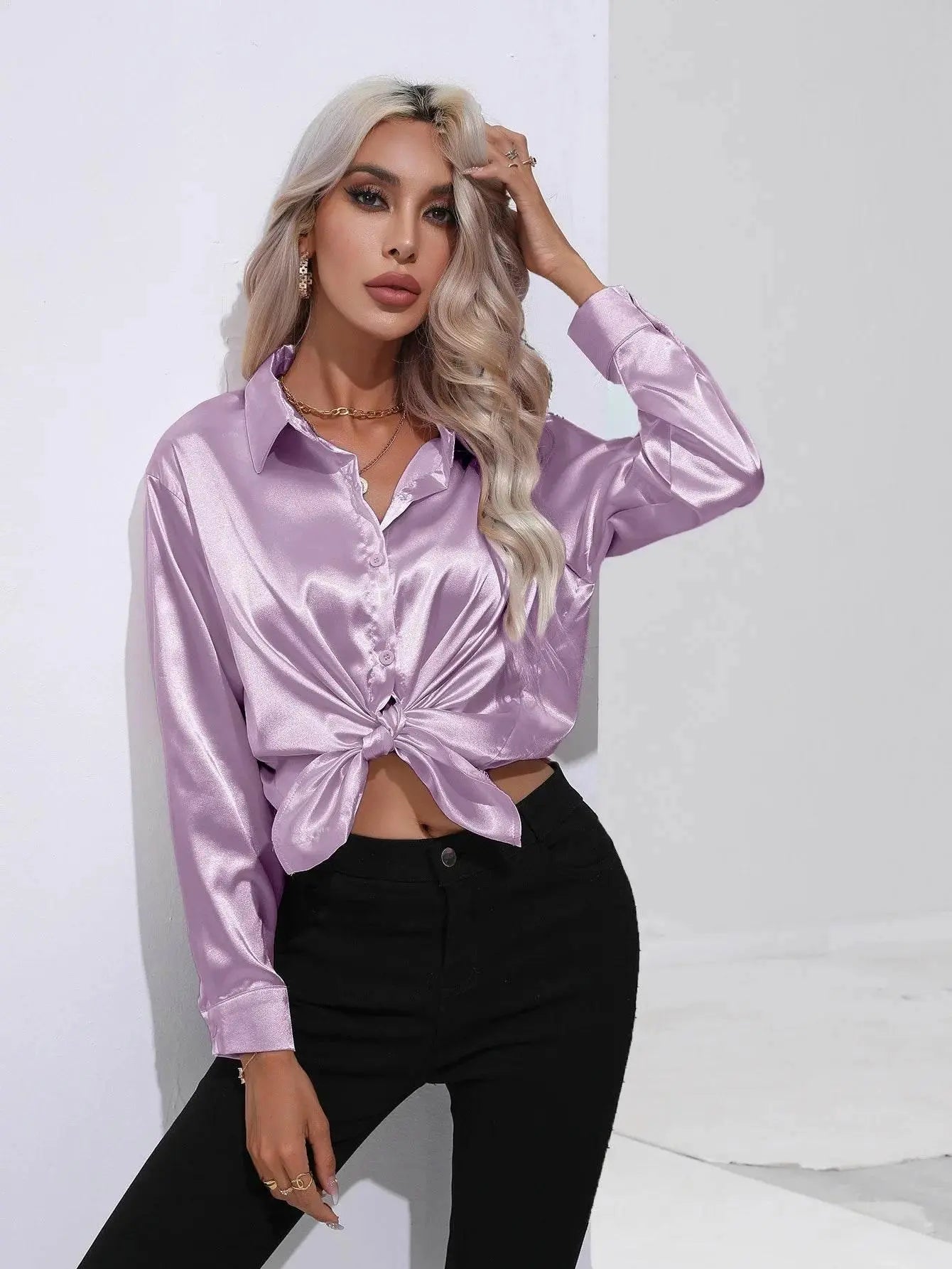Spring Satin Shirt Women Loose Button Up Blouse Shirt Ladies Imitation Silk Long Sleeve Shirt For Women - ACHETE LTD