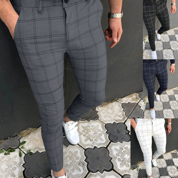 Summer Men's Slim Casual Pants Button Zipper Placket Plaid Print Solid Color Fashion Pencil Pants Business Work Casual Youth