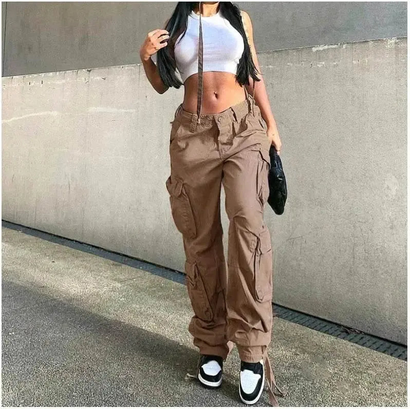 Autumn/Winter New Womens Cargo Straight Trousers High Waist Loose Wide Leg Vintage Dad Jeans for Women - ACHETE LTD