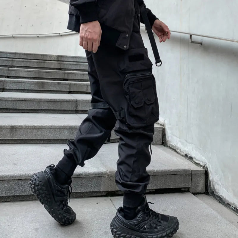 Multi-pockets Ribbons Bandage Tactical Techwear Cargo Pants Mens Harajuku Punk Hip Hop Joggers Pantalons Casual Streetwear