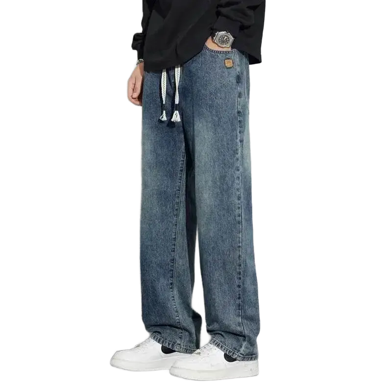 Men's regular fit straight leg jeans casual drawstring elastic waist denim pants lightweight carpenter Jean - ACHETE LTD