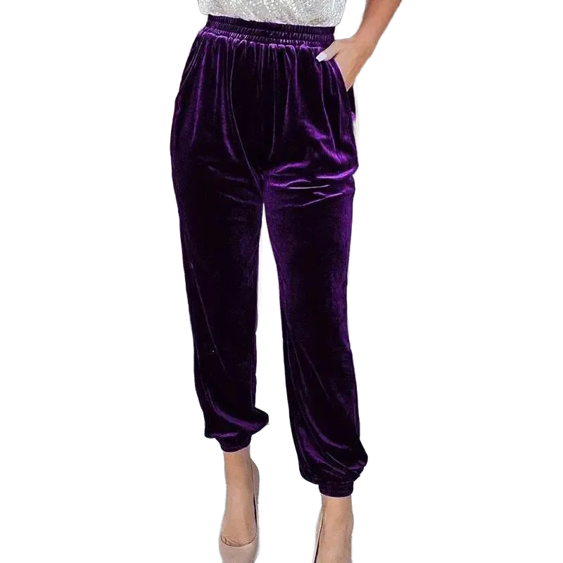Fashionable Elegant Red Velvet Pants For Women Autumn Winter Elastic High Waist Casual Shorts Women Fashion Solid Loose Trousers - ACHETE LTD