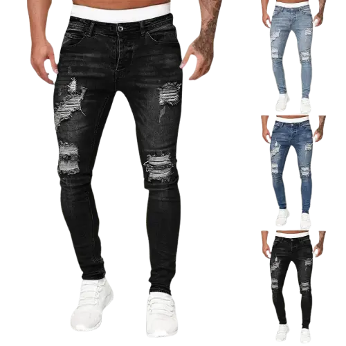 Men'S Casual Hip Hop Sports High Stretch Tight Wash Polished White Ripped Fit Zipper Jean Pants Business Stretch Men'S Jeans - ACHETE LTD