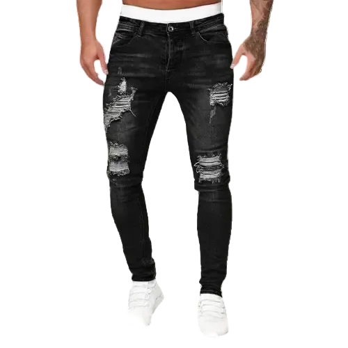 Men'S Casual Hip Hop Sports High Stretch Tight Wash Polished White Ripped Fit Zipper Jean Pants Business Stretch Men'S Jeans - ACHETE LTD